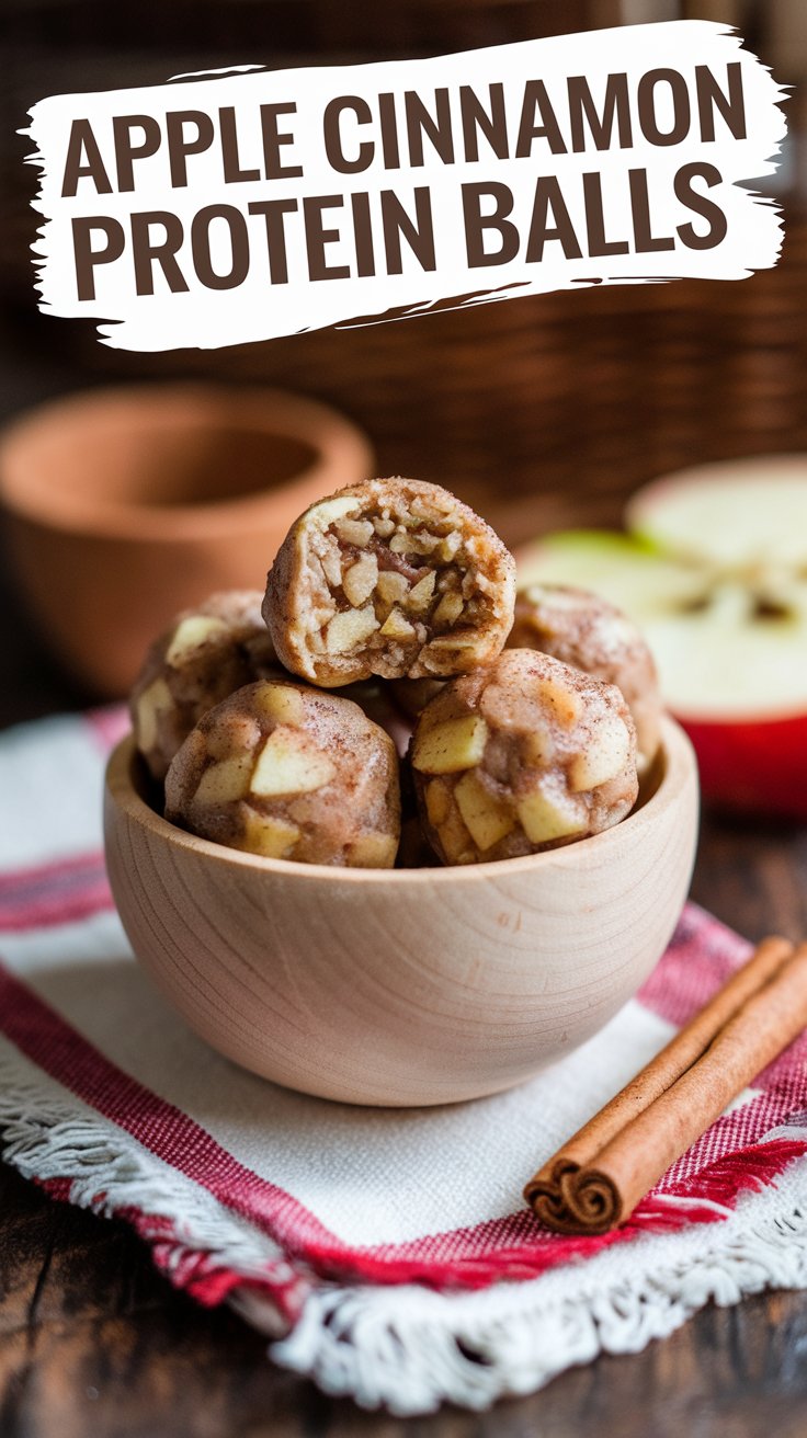 A rustic wooden bowl overflows with apple cinnamon protein balls, resting on a cloth napkin. One halved ball reveals its textured inside. Cinnamon sticks and a sliced apple add charm in the backdrop. Text above reads, Apple Cinnamon High-Protein Snack.