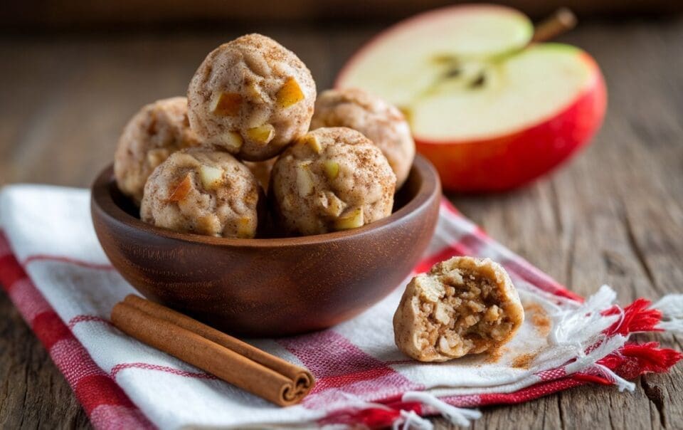 A wooden bowl filled with apple cinnamon protein balls sits on a red and white cloth. Beside it are an apple half and cinnamon sticks. One protein ball is partially eaten, revealing nuts and apple bits inside. All items rest on a rustic wooden surface.
