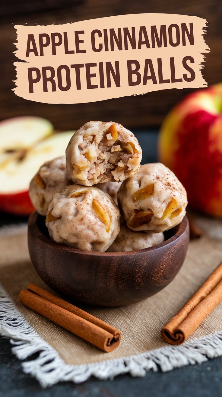 A rustic wooden bowl brimming with apple cinnamon protein balls sits on a cloth, flanked by fragrant cinnamon sticks. In the backdrop, sliced apples add a dash of freshness. The words Apple Cinnamon Protein Balls elegantly adorn the top.