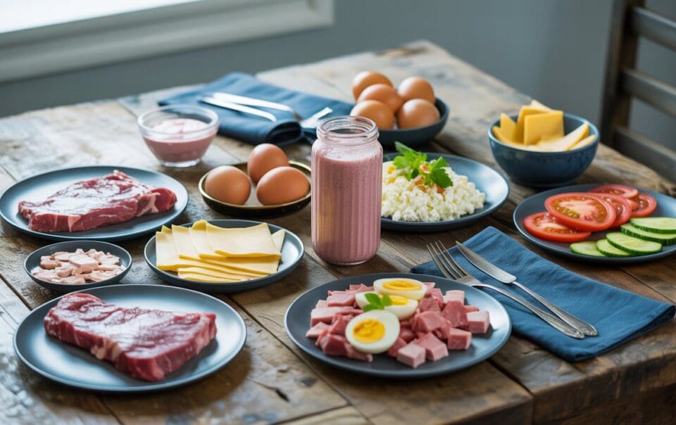 A wooden table set with plates of steak, hard-boiled eggs, sliced cheese, ham cubes, fresh vegetables, cottage cheese—delicious sources of protein for weight loss—plus a jar of pink smoothie and bowls of eggs and cheese, with napkins and cutlery nearby.