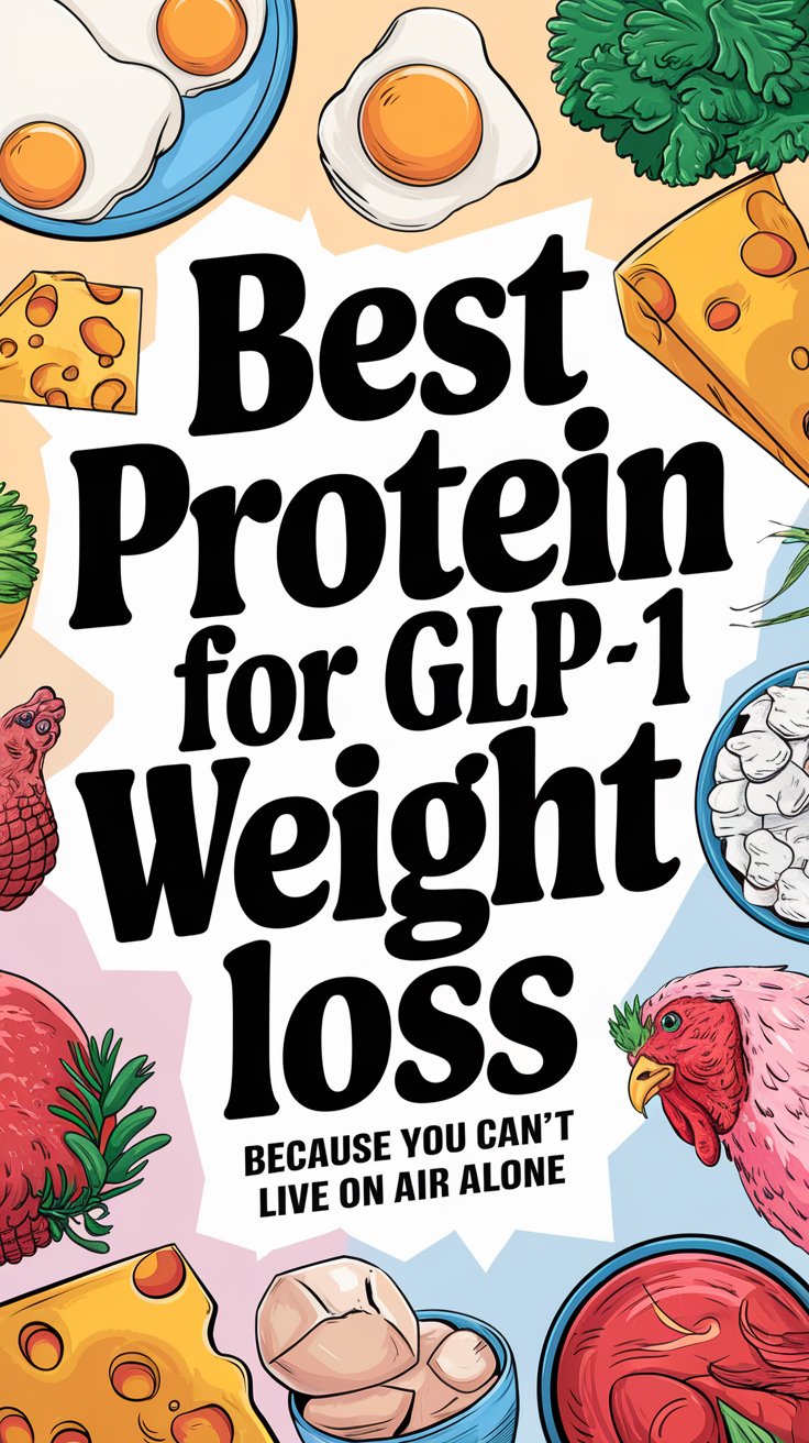 Illustration with text Best Protein for GLP-1 Weight Loss surrounded by images of eggs, cheese, broccoli, fish, chicken, and turkey. The bottom reads Because you cant live on air alone. The colorful background showcases food illustrations ideal as protein for weight loss.
