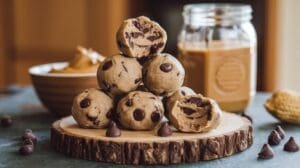A stack of no-bake chocolate chip cookie dough balls rests on a wooden slab with scattered chocolate chips. In the background, a bowl and open jar of peanut butter sit on a rustic table, hinting at high-protein indulgence.