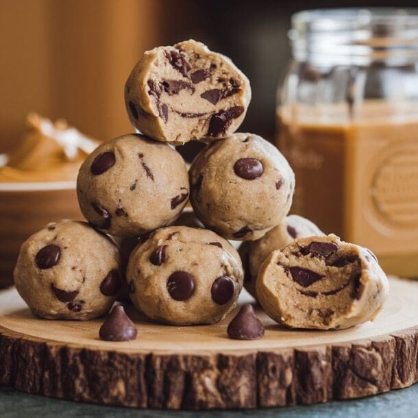 A stack of no-bake chocolate chip cookie dough balls rests on a wooden slab with scattered chocolate chips. In the background, a bowl and open jar of peanut butter sit on a rustic table, hinting at high-protein indulgence.