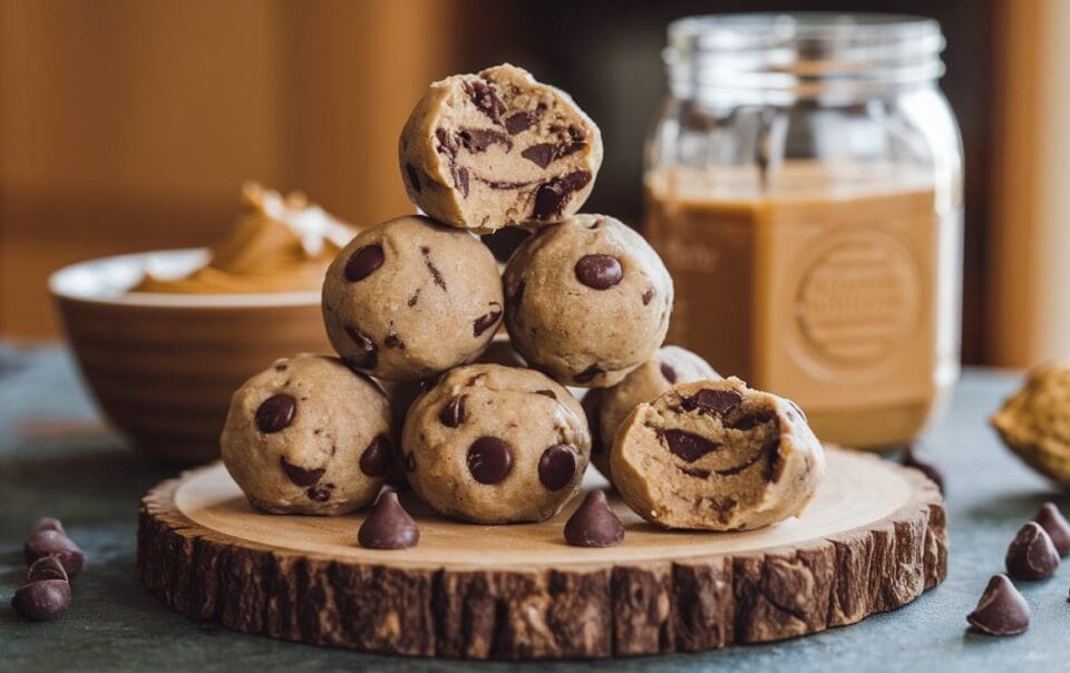 A stack of no-bake chocolate chip cookie dough balls rests on a wooden slab with scattered chocolate chips. In the background, a bowl and open jar of peanut butter sit on a rustic table, hinting at high-protein indulgence.
