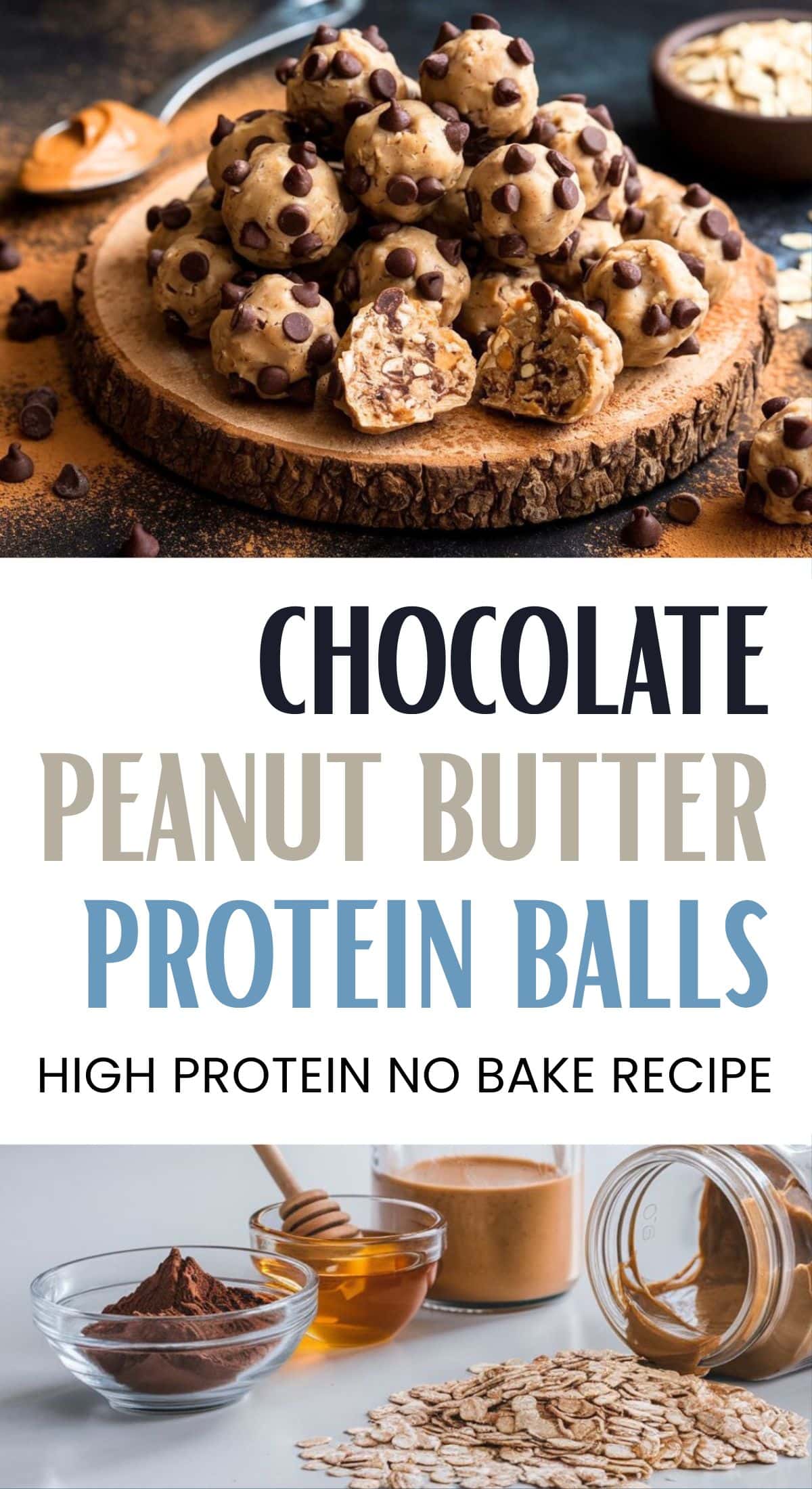 A wooden plate with Chocolate Peanut Butter Protein Balls covered in chocolate chips, surrounded by extra chips. Below are ingredients: cocoa powder, oats, peanut butter, and honey. Text reads Chocolate Peanut Butter Protein Balls.
