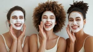 Three women with facial masks stand close together, smiling and touching their faces. They have different hairstyles: one with straight hair, one curly, and one curly in a bun. Theyre enjoying ultra-moisturizing DIY face masks while wearing light-colored tank tops against a plain background.