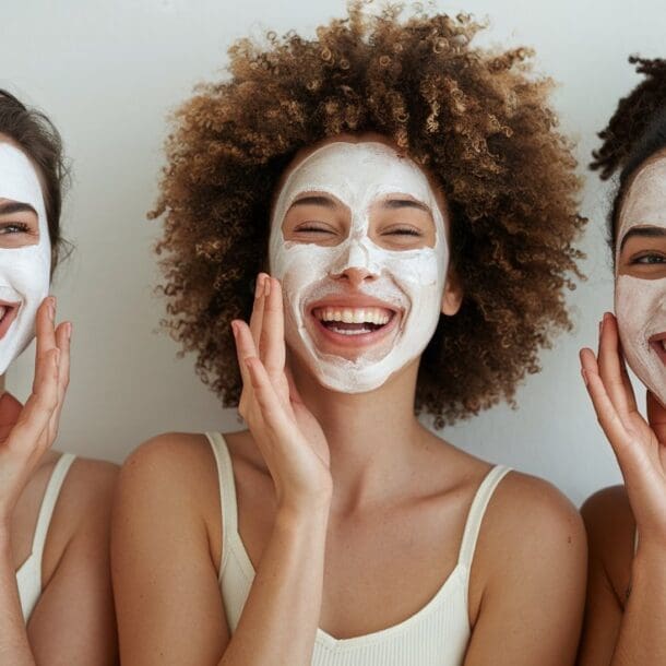 Three women with facial masks stand close together, smiling and touching their faces. They have different hairstyles: one with straight hair, one curly, and one curly in a bun. Theyre enjoying ultra-moisturizing DIY face masks while wearing light-colored tank tops against a plain background.