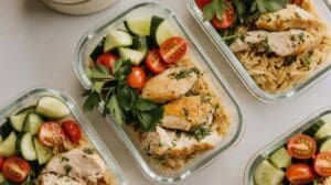 Three glass meal prep containers filled with cooked chicken breast, orzo, cherry tomatoes, cucumber slices, and fresh parsley—an easy example of high protein meal prep recipes arranged neatly on a light surface.