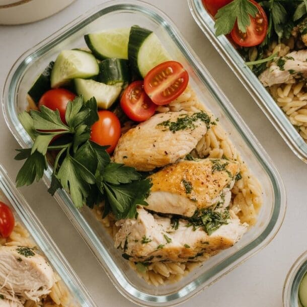 Three glass meal prep containers filled with cooked chicken breast, orzo, cherry tomatoes, cucumber slices, and fresh parsley—an easy example of high protein meal prep recipes arranged neatly on a light surface.