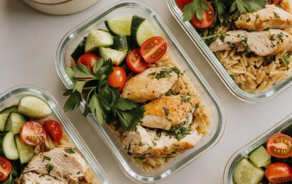 Three glass meal prep containers filled with cooked chicken breast, orzo, cherry tomatoes, cucumber slices, and fresh parsley—an easy example of high protein meal prep recipes arranged neatly on a light surface.