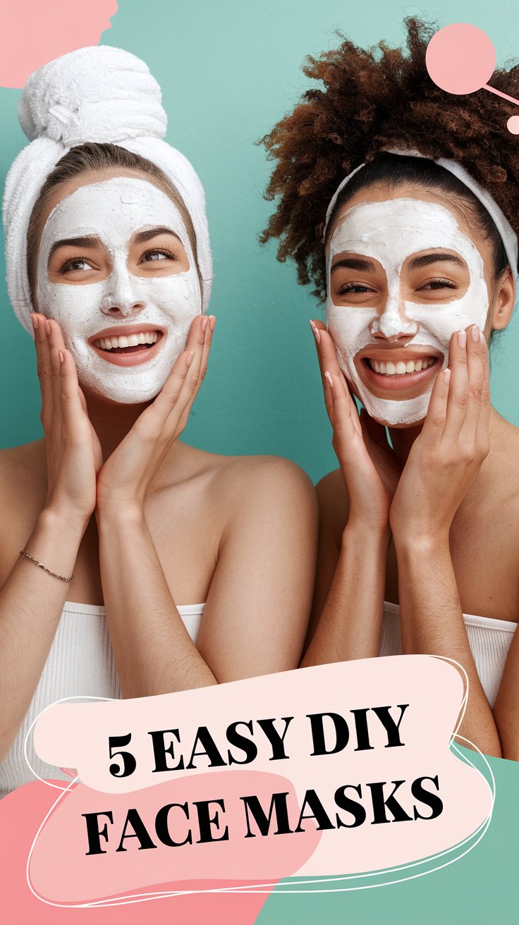 Two people with face masks smile and pose against a teal background. One has a towel wrapped around their head, and the other has curly hair. Text at the bottom reads 5 Easy DIY Face Masks in bold, highlighting these ultra-moisturizing face masks. Pink and white shapes decorate the image.