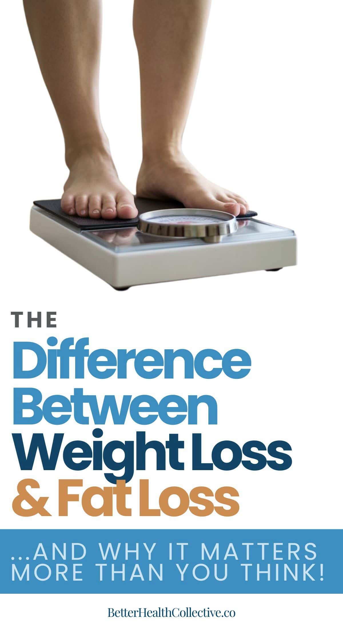 A person stands barefoot on a scale. The text below reads: The Difference Between Weight Loss & Fat Loss... And Why Understanding True Fat Loss Matters More Than You Think! BetterHealthCollective.co.