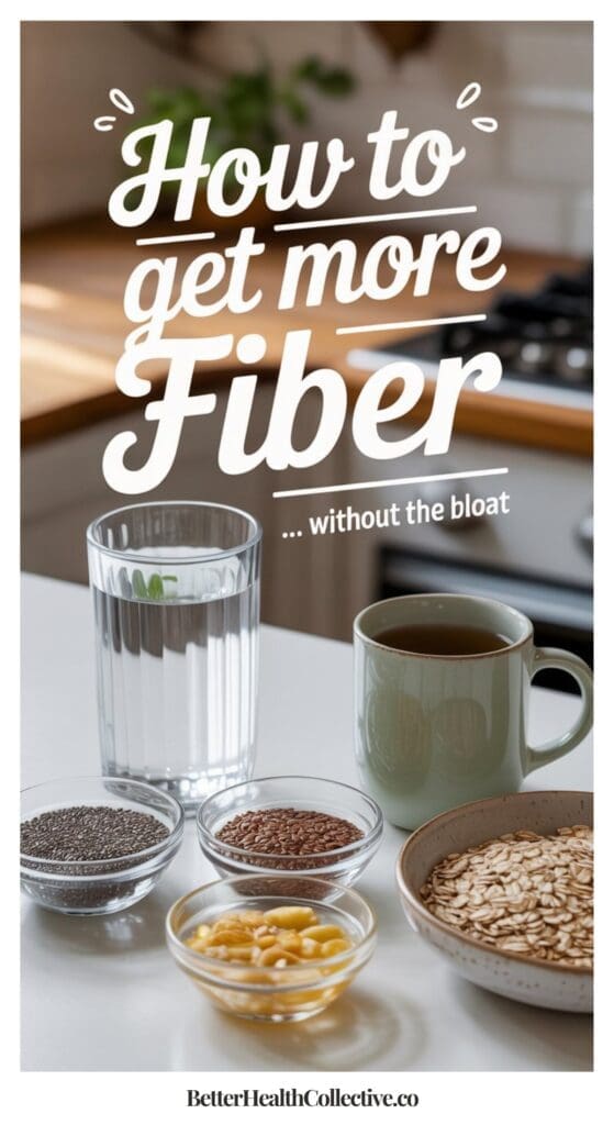 A kitchen scene with a glass of water, a cup of coffee, chia seeds, flaxseeds, corn kernels, and oats on a white table. Text reads: How to increase fiber ...without the bloat.