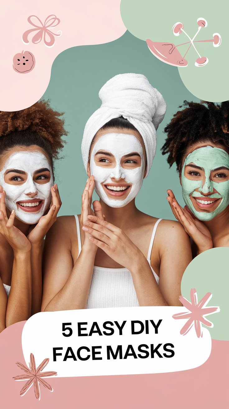 Three women with different face masks smile joyfully. One wears a white mask, one has a towel and a white mask, and one flaunts an ultra-moisturizing green mask. Decorative elements and text reading 5 Easy DIY Face Masks frame the image, highlighting organic skincare fun.