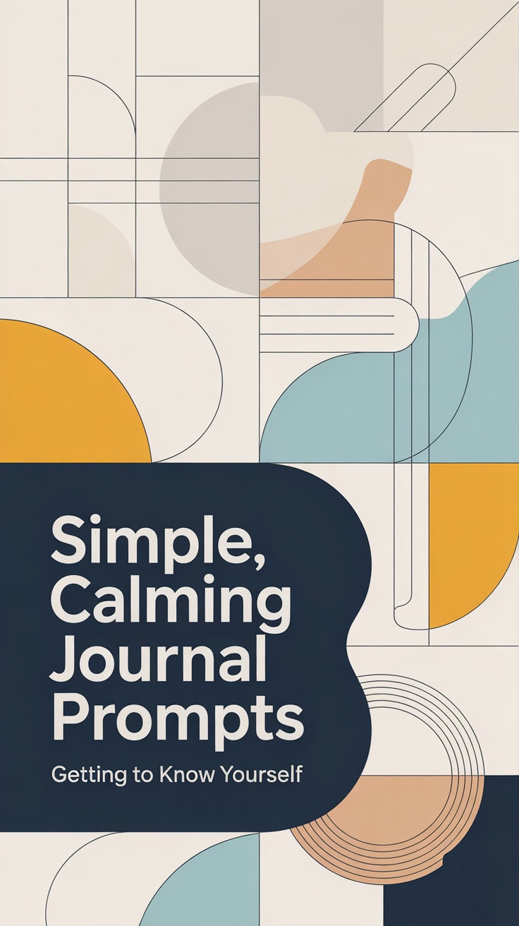 Abstract geometric shapes in muted tones of yellow, blue, beige, and white form the background. Bold text reads, Easy Journal Prompts: Simple, Calming Ways to Get to Know Yourself on a navy blue shape in the lower left.