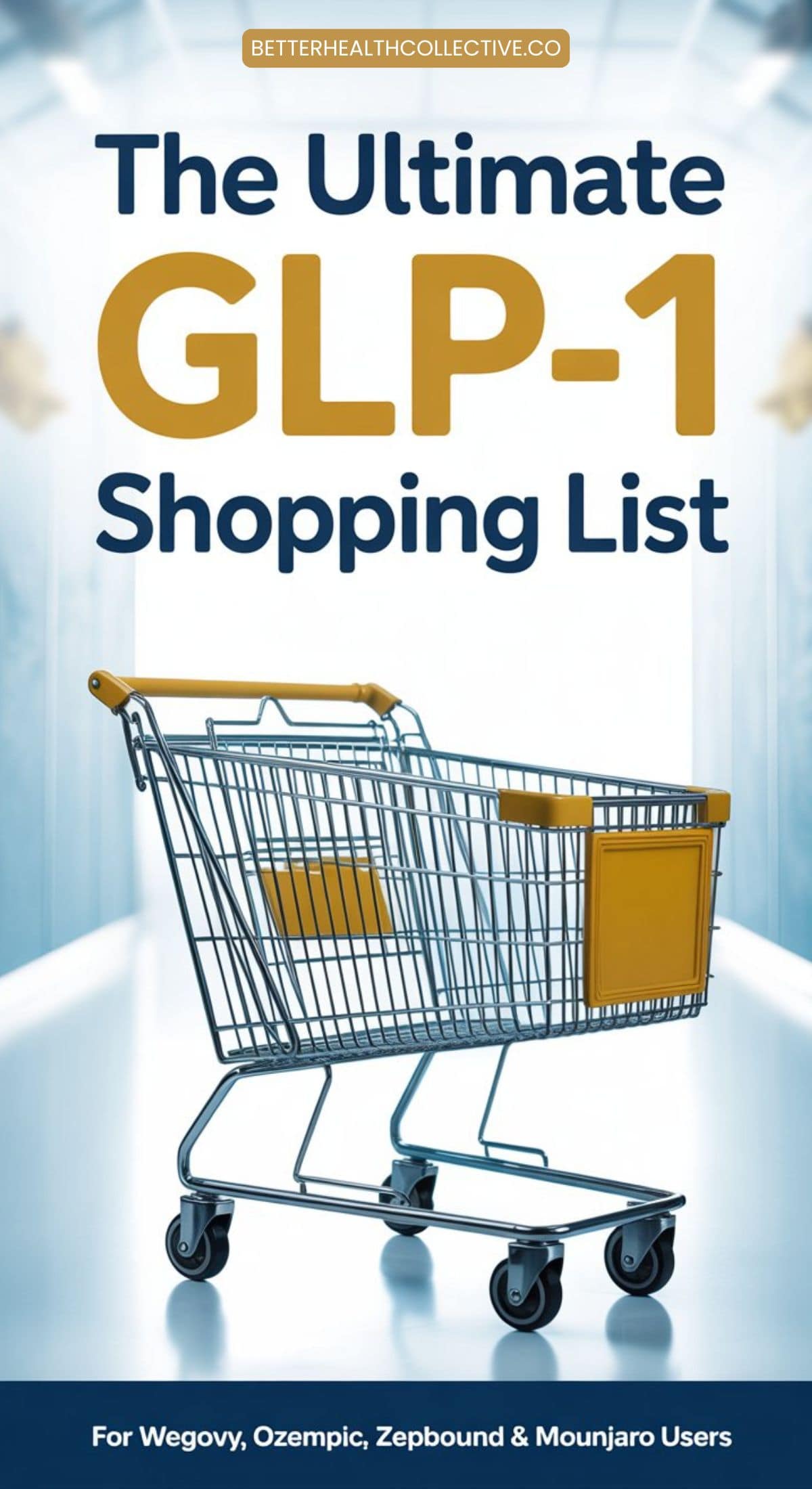 A shopping cart stands in a bright hallway with text above it reading, The Ultimate GLP-1 Shopping List—perfect for Wegovy, Ozempic, Zepbound & Mounjaro users.