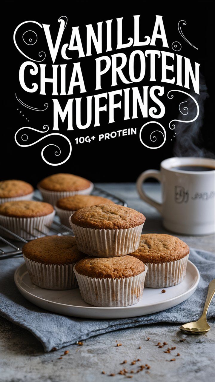 A plate of vanilla chia protein muffins sits beside a steaming cup of coffee, ready to enjoy. The text above reads Vanilla Chia Protein Muffins, 10g+ Protein. A gold fork rests nearby, inviting you to try these delicious vanilla chia protein muffins.