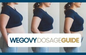 Three side-view images show a woman in a navy shirt and jeans with decreasing abdominal size, suggesting weight loss. Overlaid text reads “Wegovy Dosage Guide,” highlighting the importance of proper Wegovy dosing.