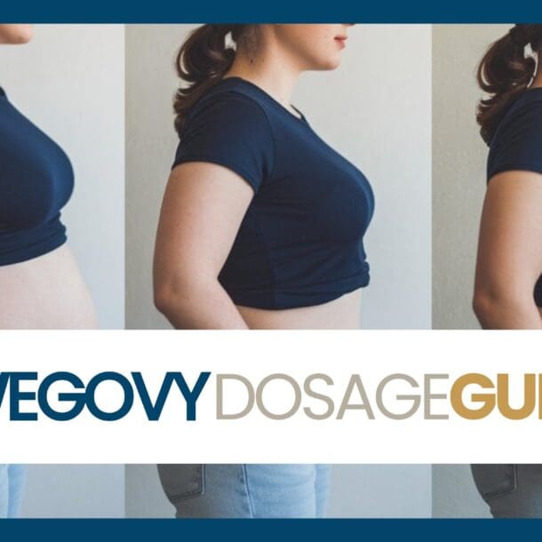 Three side-view images show a woman in a navy shirt and jeans with decreasing abdominal size, suggesting weight loss. Overlaid text reads “Wegovy Dosage Guide,” highlighting the importance of proper Wegovy dosing.