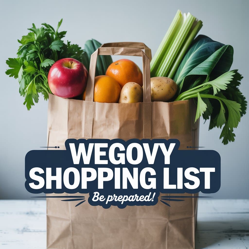A paper grocery bag filled with fresh fruits and vegetables, such as apples, oranges, potatoes, and leafy greens. Text on the image reads, Wegovy Meal Plan Shopping List. Be prepared!.