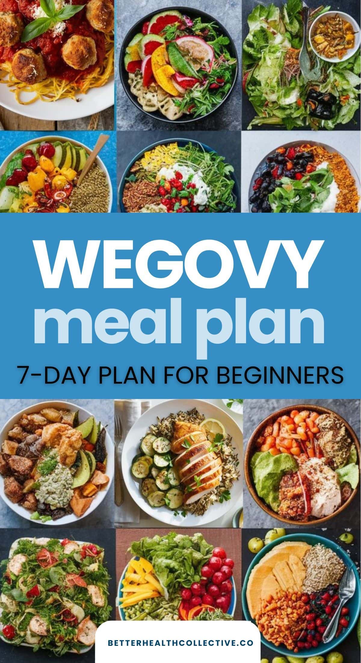 A collage of colorful, healthy meals in bowls surrounds the text: Wegovy meal plan for beginners—7-day guide. Salads, grains, proteins, and vegetables are featured. The website betterhealthcollective.co is shown.