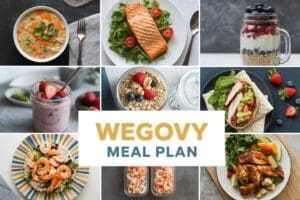 A collage of healthy meals, like soup, grilled salmon, parfaits, smoothie, oats, shrimp dishes, chicken, and a veggie wrap surrounds bold “Wegovy Meal Plan” text—perfect for inspiring your own wegovy meal plan.