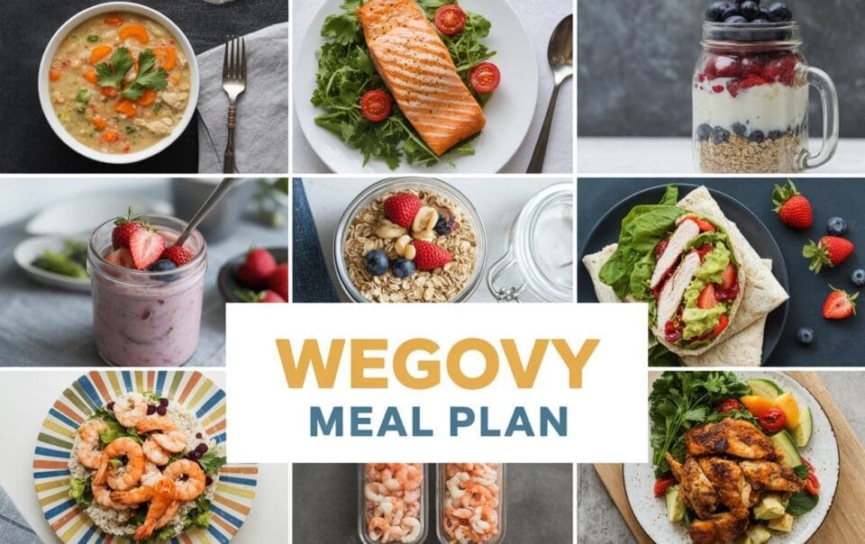 A collage of healthy meals, like soup, grilled salmon, parfaits, smoothie, oats, shrimp dishes, chicken, and a veggie wrap surrounds bold “Wegovy Meal Plan” text—perfect for inspiring your own wegovy meal plan.