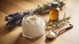 A glass jar filled with creamy white DIY Whipped Tallow sits next to a wooden spoon with lotion, a small amber bottle, sprigs of rosemary, and lavender flowers on a wooden surface.