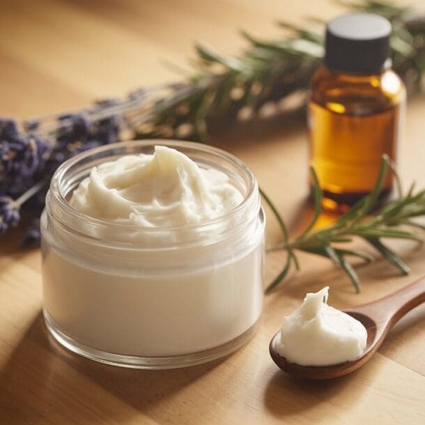 A glass jar filled with creamy white DIY Whipped Tallow sits next to a wooden spoon with lotion, a small amber bottle, sprigs of rosemary, and lavender flowers on a wooden surface.