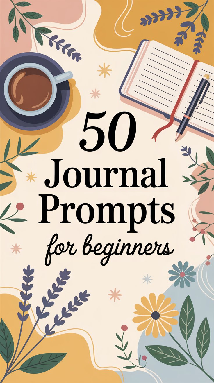 Illustrated image with a cup of coffee, an open notebook with a pen, and botanical decorations. Text reads: “50 Easy Journal Prompts for Beginners.” The pastel background features floral designs for inspiration.