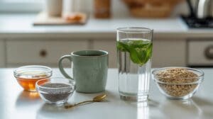 A glass of water with mint, a green mug, a bowl of oats to help increase fiber, a bowl of chia seeds, a bowl of honey, and a teaspoon on a white kitchen counter with a blurred background.