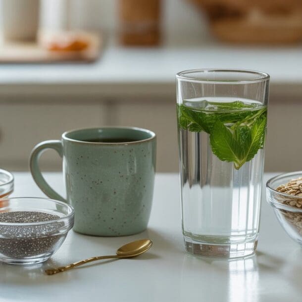 A glass of water with mint, a green mug, a bowl of oats to help increase fiber, a bowl of chia seeds, a bowl of honey, and a teaspoon on a white kitchen counter with a blurred background.