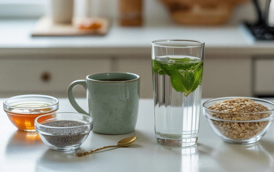 A glass of water with mint, a green mug, a bowl of oats to help increase fiber, a bowl of chia seeds, a bowl of honey, and a teaspoon on a white kitchen counter with a blurred background.