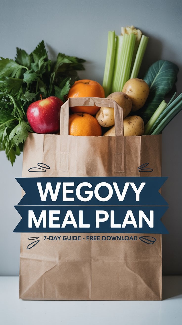 A paper grocery bag filled with fresh vegetables and fruit, with text overlay reading “Wegovy Meal Plan, 7-Day Guide – Free Download” offers healthy inspiration for your Wegovy meal plan journey.