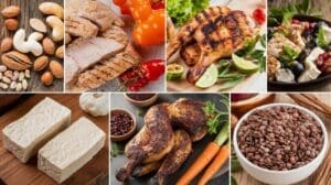 A vibrant collage of protein-rich foods designed to meet your protein goals, featuring nuts, seeds, grilled chicken breast, roasted drumsticks, tofu blocks, grilled fish, and a bowl of lentils, all surrounded by fresh tomatoes, carrots, garlic, and herbs.