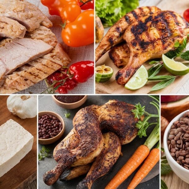 A vibrant collage of protein-rich foods designed to meet your protein goals, featuring nuts, seeds, grilled chicken breast, roasted drumsticks, tofu blocks, grilled fish, and a bowl of lentils, all surrounded by fresh tomatoes, carrots, garlic, and herbs.