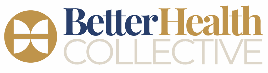 Logo for Better Health Collective featuring a gold circular emblem with a stylized white cross on the left, and the company name in blue, gold, and light gray text on the right.