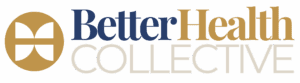 Logo for Better Health Collective featuring a gold circular emblem with a stylized white cross on the left, and the company name in blue, gold, and light gray text on the right.