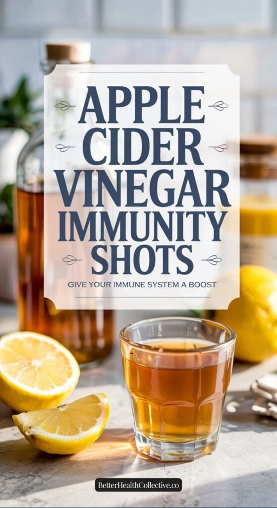 A glass of apple cider vinegar sits on a table with lemon halves and a jar in the background. Text overlay reads: Immunity Shots - Give Your Immune System a Boost with Apple Cider Vinegar.
