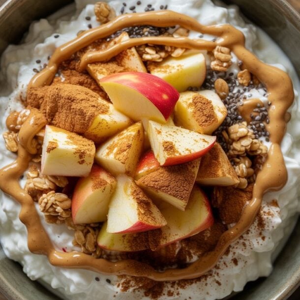 A delicious Apple Peanut Butter Cottage Cheese Bowl topped with apple slices, granola, chia seeds, and cinnamon, perfect as a high-protein breakfast or snack, set invitingly on a wooden table.
