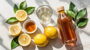 A bottle of honey, a glass of water, lemons, and green leaves are arranged on a sunlit surface—perfect ingredients for refreshing apple cider vinegar immunity shots.