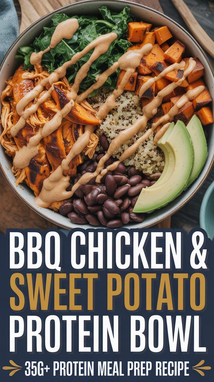 A protein bowl packed with BBQ chicken, sweet potato, black beans, quinoa, kale, avocado, and creamy dressing. Text below reads: BBQ Chicken & Sweet Potato Protein Bowl - 35g+ Protein Meal Prep Recipe.