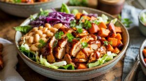 A BBQ chicken and white bean protein bowl featuring sliced grilled chicken drizzled with sauce, white beans, shredded red cabbage, roasted sweet potatoes, and fresh greens, all garnished with parsley.