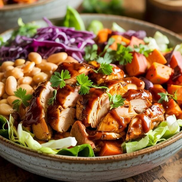 A BBQ chicken and white bean protein bowl featuring sliced grilled chicken drizzled with sauce, white beans, shredded red cabbage, roasted sweet potatoes, and fresh greens, all garnished with parsley.
