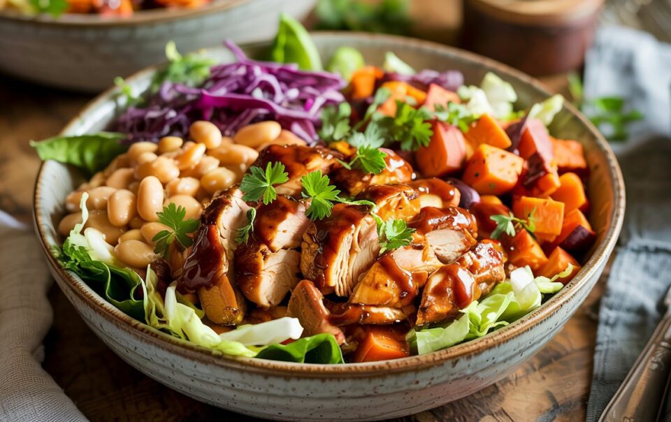 A BBQ chicken and white bean protein bowl featuring sliced grilled chicken drizzled with sauce, white beans, shredded red cabbage, roasted sweet potatoes, and fresh greens, all garnished with parsley.