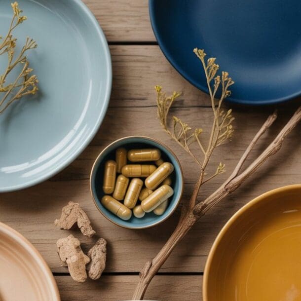 A flat lay of ceramic plates in muted colors, a small bowl filled with yellow capsules for building better health, dried ginger pieces, and branches with dried flowers arranged on a wooden surface.