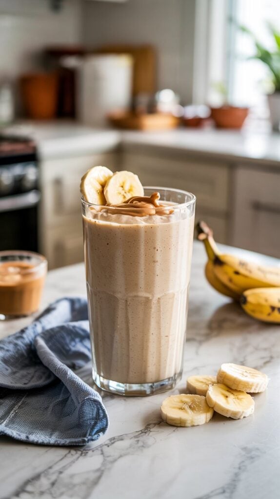 A tall glass of creamy, high-protein smoothie topped with banana slices sits on a marble countertop, surrounded by a bunch of bananas, sliced pieces, a small jar of peanut butter, and a blue napkin in a bright kitchen.