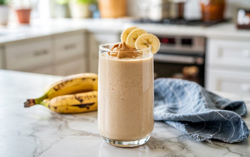 A glass of creamy banana peanut butter smoothie topped with banana slices and a dollop of peanut butter sits on a marble kitchen counter. Two ripe bananas and a blue cloth are nearby, with a bright kitchen in the background.