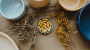 A small blue dish filled with yellow capsules sits on a wooden surface, surrounded by dried branches and bowls of various colors.