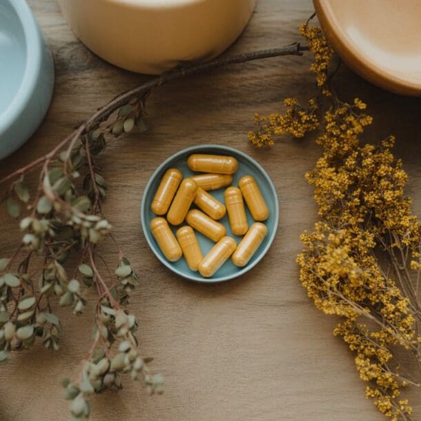 A small blue dish filled with yellow capsules sits on a wooden surface, surrounded by dried branches and bowls of various colors.